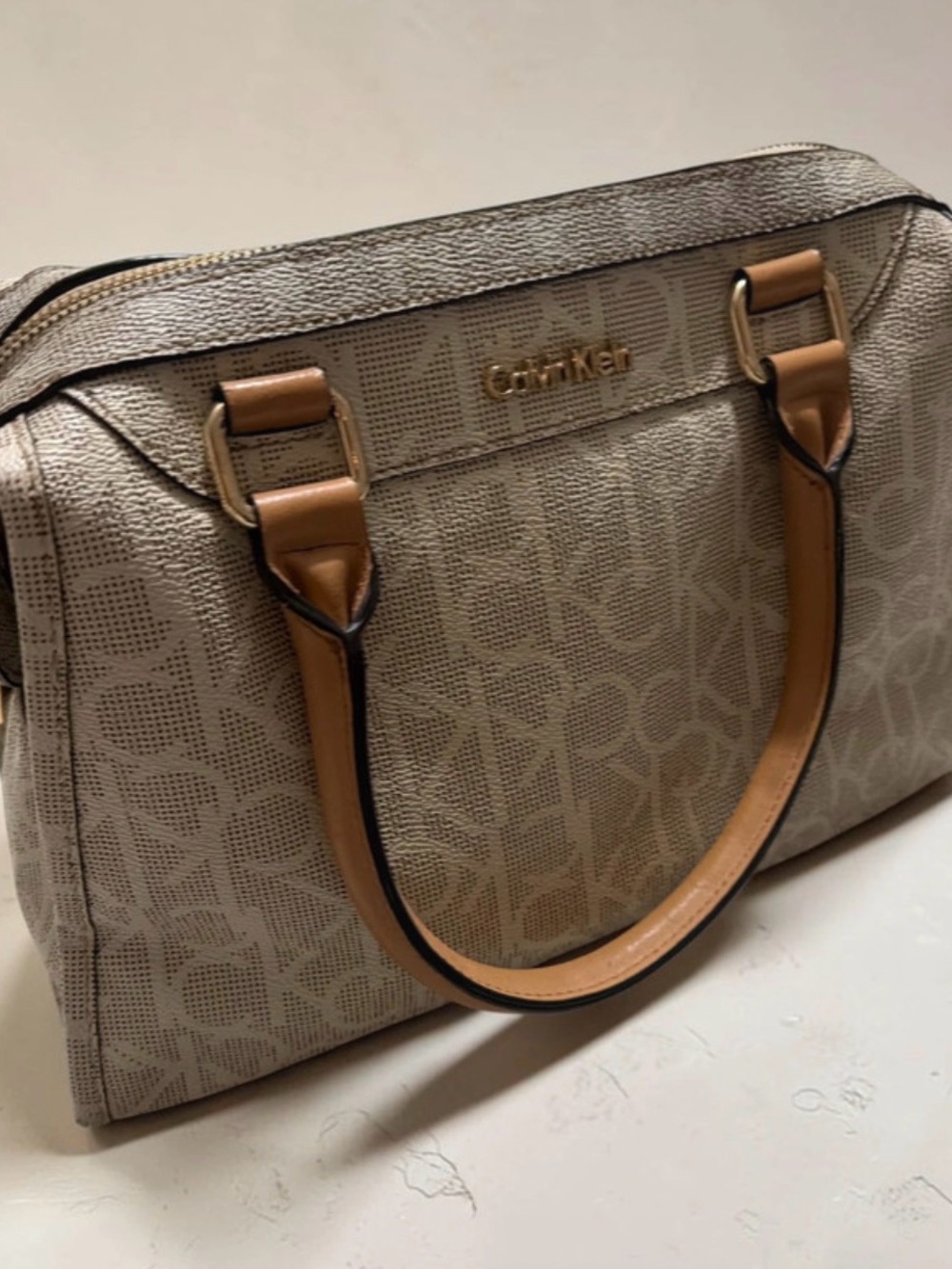 Calvin Klein Beige Monogram Satchel with Tan Handles